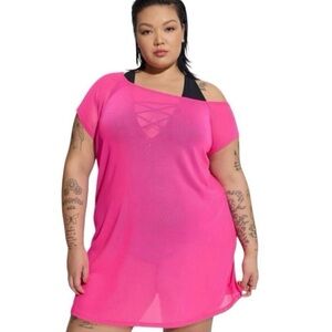 Torrid 3 swim coverup bright pink mesh - off the shoulder swim dress